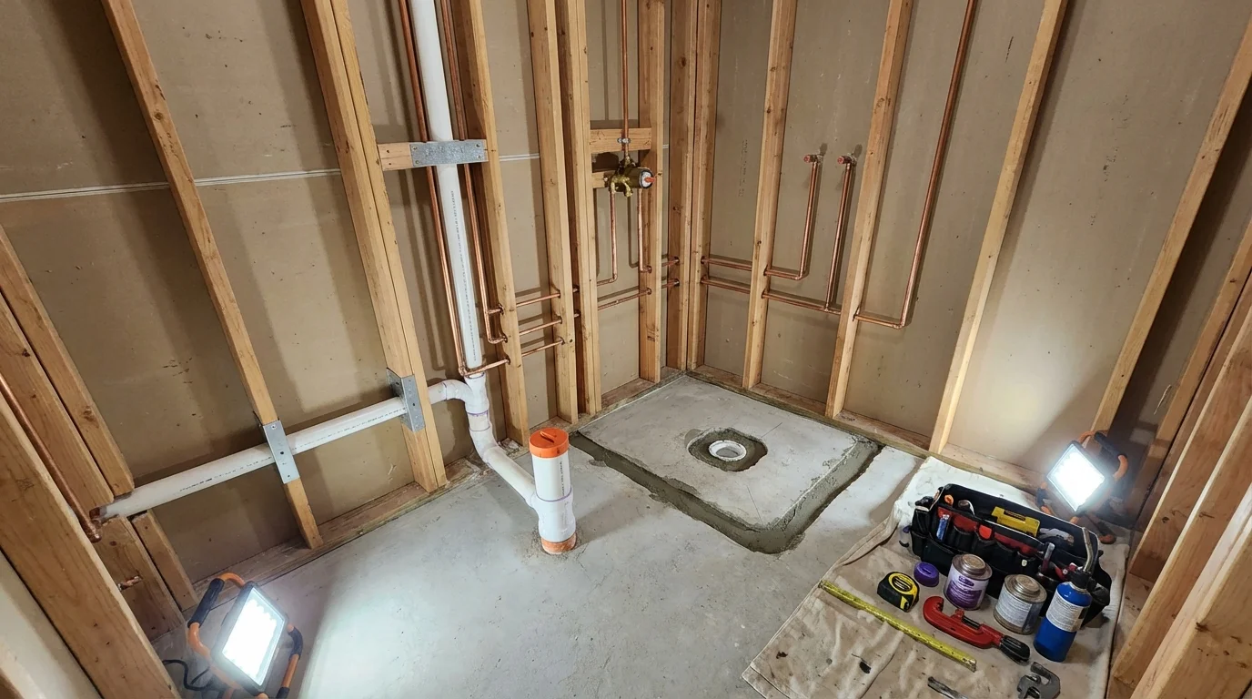 Bathroom rough-in plumbing during remodel by Johns Plumbing LLC in Minneota