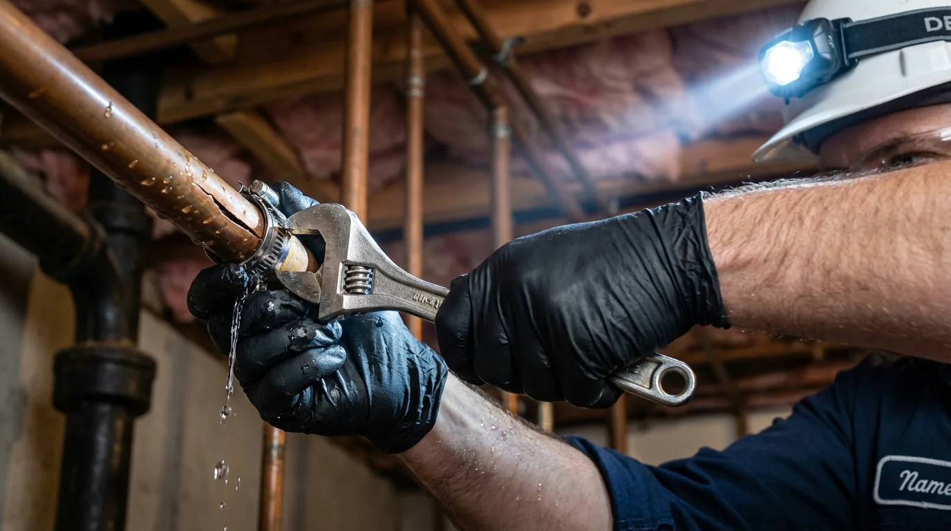 Emergency pipe clamp repair being performed by a Johns Plumbing LLC plumber in Minneota