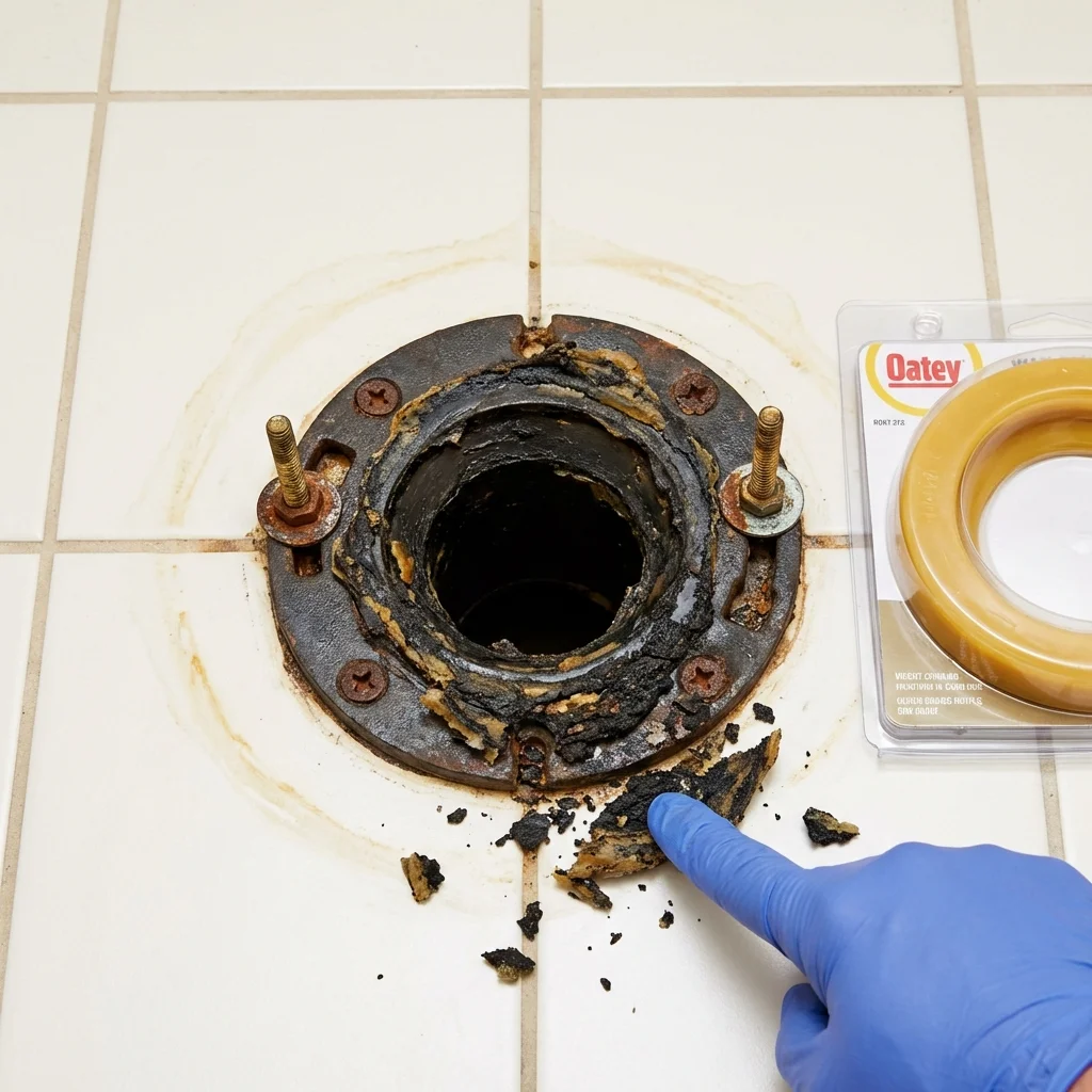 Failed wax ring showing water seepage at the base of a toilet in a Minneota, MN home