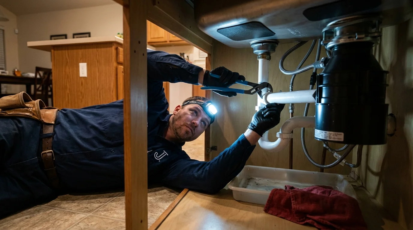 P-trap and supply line connections under a kitchen sink showing a common leak point in Minneota, MN